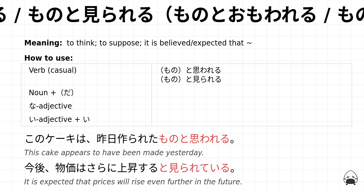 ものと思われる / ものと見られる（ものとおもわれる / ものとみられる） flashcard
